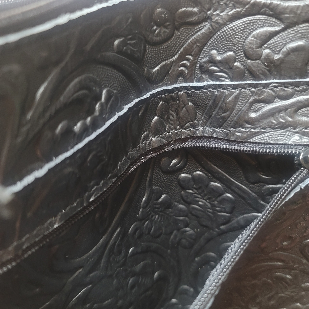 Calf Hair On Hide Hsndcrafted Leather XL Fringe Bag Embossed Aztec Western Vibes - Picture 6 of 9